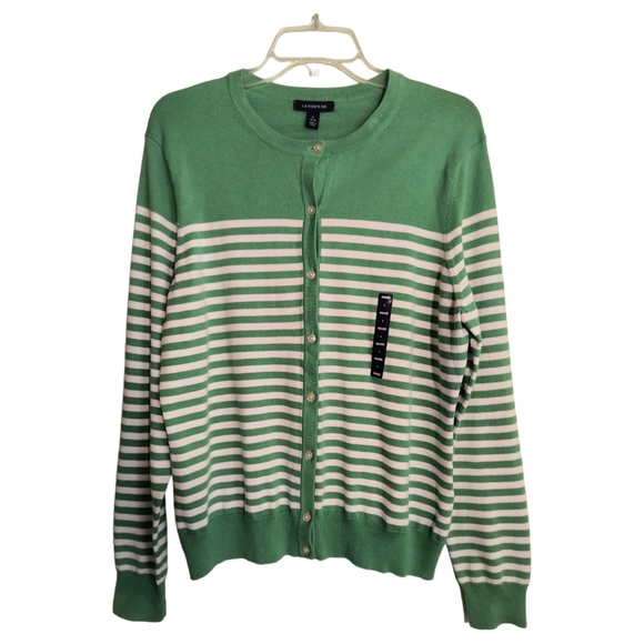 Lands" End NWT Green White striped button down knit cardigan Womens size L - Picture 6 of 14